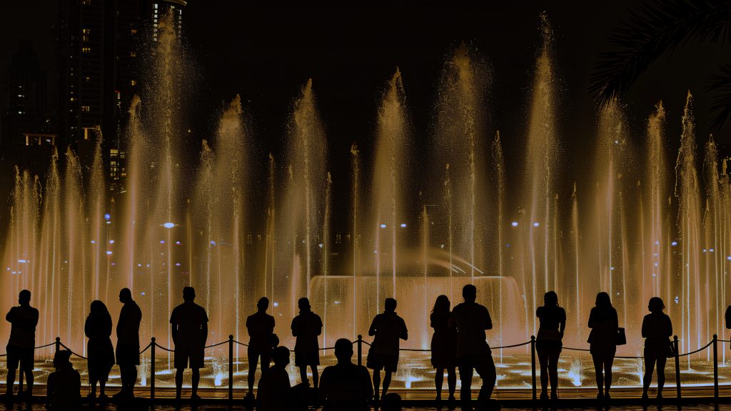 制御された噴水と照明による体験型イベント演出